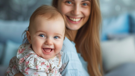 Happy family. Laughing mother lifting her adorable newborn baby.の素材