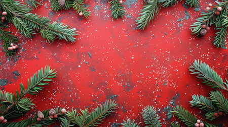 Christmas green fir tree branches on red background.の素材