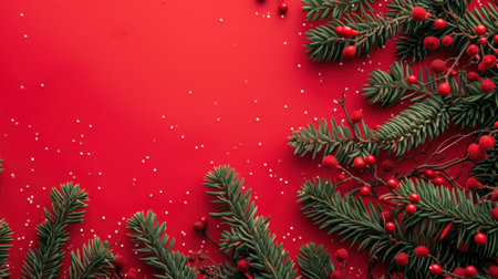 Christmas green fir tree branches on red background.の素材