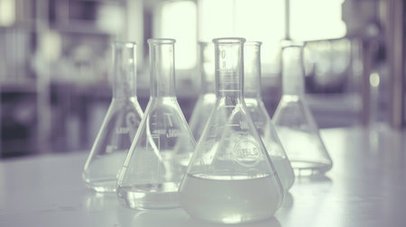 Laboratory equipment beakers and flask with backlight in different group.の素材