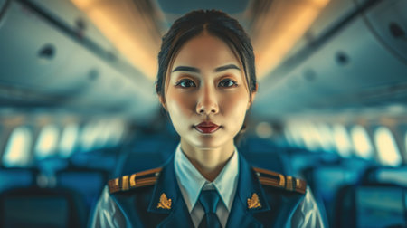 Cabin crew or air hostess working in airplane. Airline transportation and tourism concept.の素材
