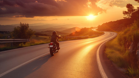 motorbike on the road riding. having fun driving the empty highway on a motorcycle tour journey.の素材