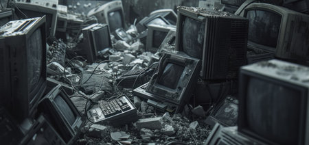Pile of electronic, computers, monitors garbage in room from recycle industry, used electronic waste.の素材
