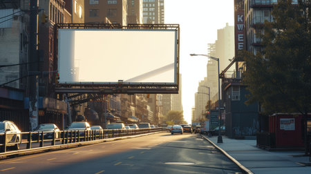 Blank billboard on a street, a blank billboard with copy space for text or content, mockup of a blank billboard in a big city, day scene. Space for your ad.の素材