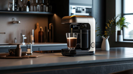 Modern coffee machine pouring milk into glass cup on countertop in kitchen.の素材