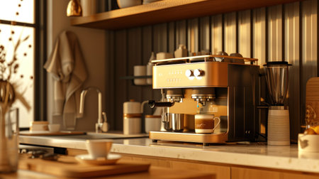 Modern coffee machine pouring milk into glass cup on countertop in kitchen.の素材
