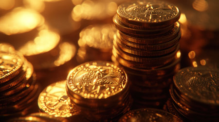 Gold coin on the background of vintage gold coins selective focus money abstraction.の素材