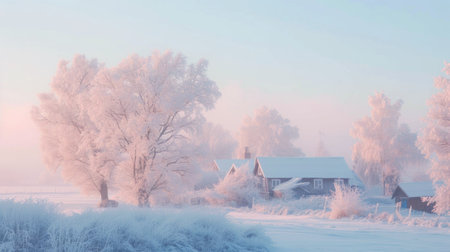 Wooden house in a cold winter morning landscape with snow and frost.の素材