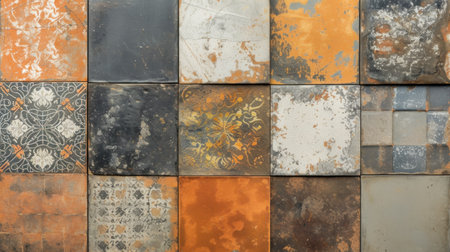 Ornamental wall tile pattern with orange and blue autumn colors. Oriental or North African style texture.の素材
