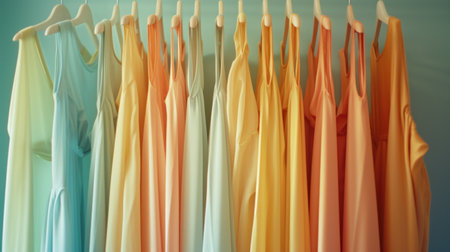 Colorful teenage girl satin dress clothing on hanger rack in lady boutique shop at modern department store, fashion background.の素材