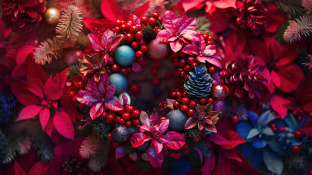 Vintage concept of a red berry holiday wreath on rustic wood.の素材