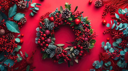 Vintage concept of a red berry holiday wreath on rustic wood.の素材