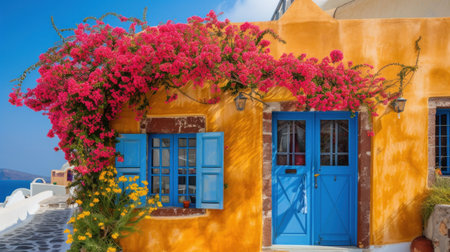 Colorful pretty pink Bougainvillea blooming with white and yellow buildings.の素材
