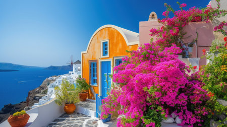 Colorful pretty pink Bougainvillea blooming with white and yellow buildings.の素材