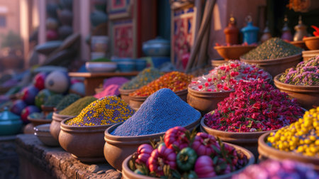 Multi-colored spices on a counter at a Turkish market.の素材