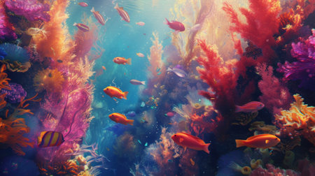 Underwater scene. Coral reef, colorful fish and sunny sky shining through clean ocean water. Space underwater.の素材