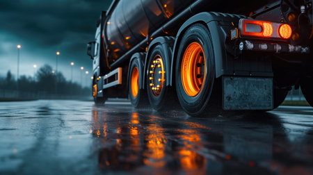 Truck chassis and orange wheels on a wet road in rainy weather, close-up. Safety concept and tire grip on wet road.の素材