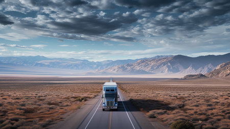 Large heavy goods freight truck speeding through Arizona desert.の素材
