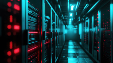 Shot of Data Center With Multiple Rows of Fully Operational Server Racks. Modern Telecommunications, Artificial Intelligence, Supercomputer Technology Concept. Shot in Dark with Neon Blue, Pink Lightsの素材