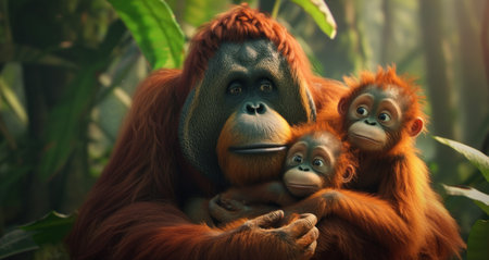 Mother orangutan with her cute babies in the grass.の素材