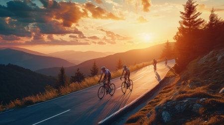 Group of cyclist ride together on road bicycles in beautiful nature. Sunset light, sea in background.の素材