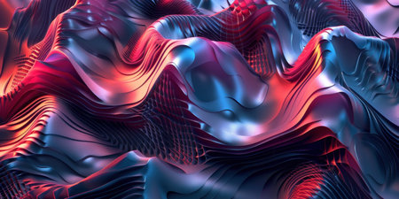 Dark neon red black blue metallic geometric curves noise futuristic abstract background.の素材