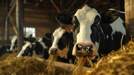 Row of cows standing by edge of large paddock inside contemporary animal farm and looking at camera while eating.の素材