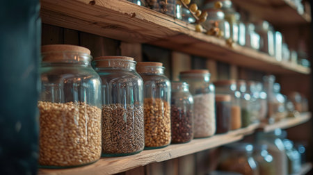 shelves with glass jars filled with groceries. concept of zero waste home and lifestyle.の素材