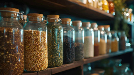 shelves with glass jars filled with groceries. concept of zero waste home and lifestyle.の素材