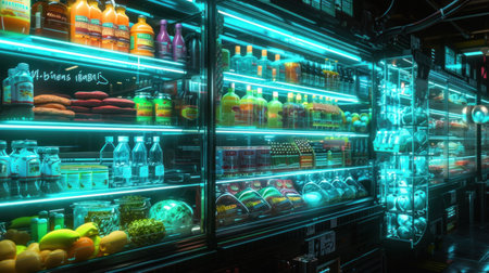 Refrigerators different types of supermarket fledges photo, mock-up, planogram. Suitable for presenting new products, interior design and retail design presentations.の素材
