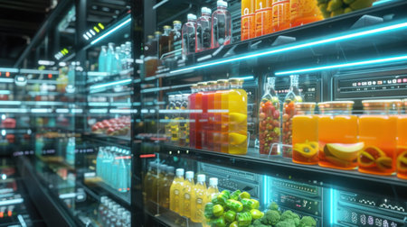 Refrigerators different types of supermarket fledges photo, mock-up, planogram. Suitable for presenting new products, interior design and retail design presentations.の素材