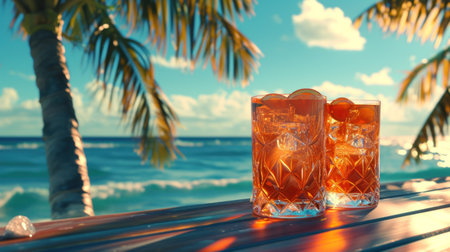 Summer stationery still life scene made with glass, lemon, drink, and trend palm shadow on sea background. Summer vacation refreshment concept.の素材