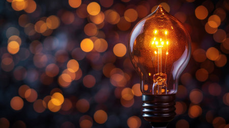 Idea innovation and inspiration concept. Illuminated light bulb, concept creativity with bulbs that shine glitter. Inspiration of ideas for sustainable business development network.の素材