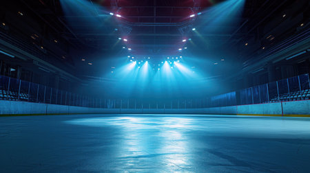 Snow and ice background. Empty ice rink illuminated by spotlights.の素材