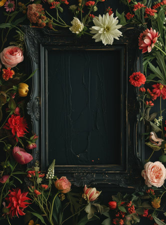 Vintage photo frame and flowers on a black textured background. Place for your text.の素材