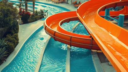 Water slides and swimming pool in aqua park. Amusement park on tourist resort.の素材