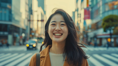 Woman smiling at the camera while walking in the city. Happy female traveller enjoying a vacation.の素材