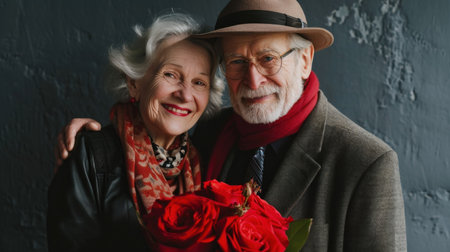 Happy elderly man giving bouquet of red roses to his wife in the park covered in snow. Valentines day.の素材