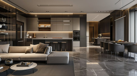 interior design spacious bright studio apartment in Scandinavian style and warm pastel white and beige colors. trendy furniture in the living area and modern details in the kitchen area.の素材