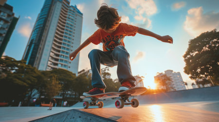 Skateboarder doing a skateboard trick at skate park.の素材
