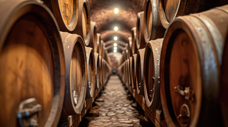 Wine cellar. Wine or whiskey barrels. French wooden barrels.の素材