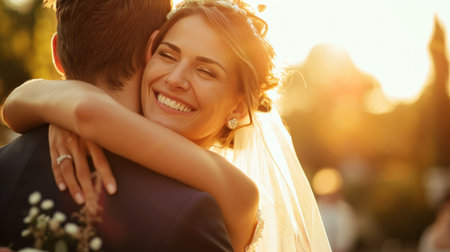 Bride hugging her groom on their wedding day.の素材