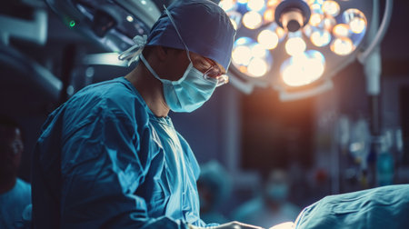 Surgeon or doctor in blue uniform did surgery in surgical hospital with orange light effect and blur background. Surgeon and nurse use medical instrument or equipment in operating room.People working.の素材
