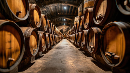 Wine cellar. Wine or whiskey barrels. French wooden barrels.の素材