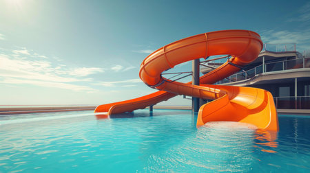 Water slides and swimming pool in aqua park. Amusement park on tourist resort.の素材