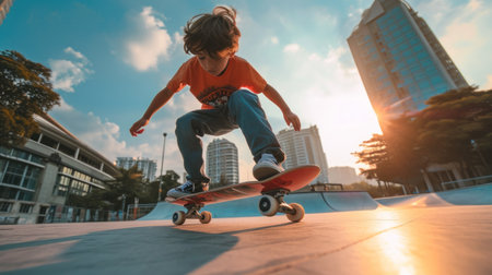 Skateboarder doing a skateboard trick at skate park.の素材