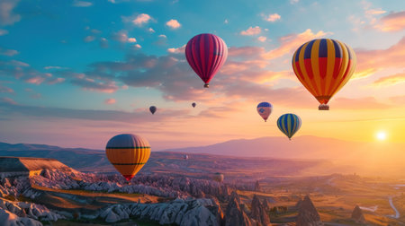 Colorful hot air balloons flying over mountain.の素材