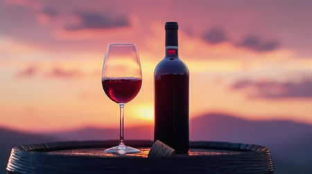 Still life with red wine, bottle, glass and old barrel.の素材