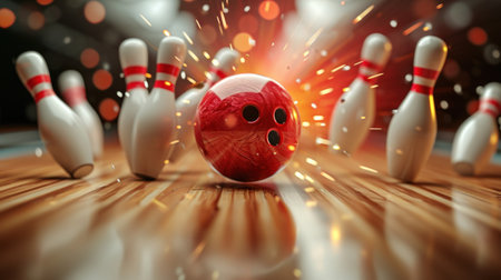 Bowling strike hit with fire explosion. Concept of success and win.の素材
