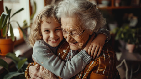 Happy old grandmother hugging little grandchild girl looking at camera, smiling mature mother or senior grandma granny laughing embracing adopted kid granddaughter sitting on couch, headshot portraitの素材